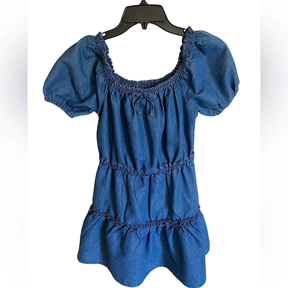 BCBG GIRLS Blue Denim Ruffle Dress Puff Sleeve Smocked Dress Size Large NWOT